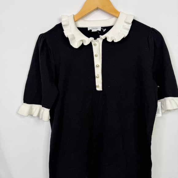 CeCe Short Sleeve Contrast Collar Polo Sweater Womens Size Medium Black NWT - Picture 3 of 7